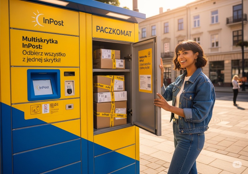 Kobieta odbiera kilka paczek z jednej skrytki Paczkomatu dzięki usłudze Multiskrytka InPost