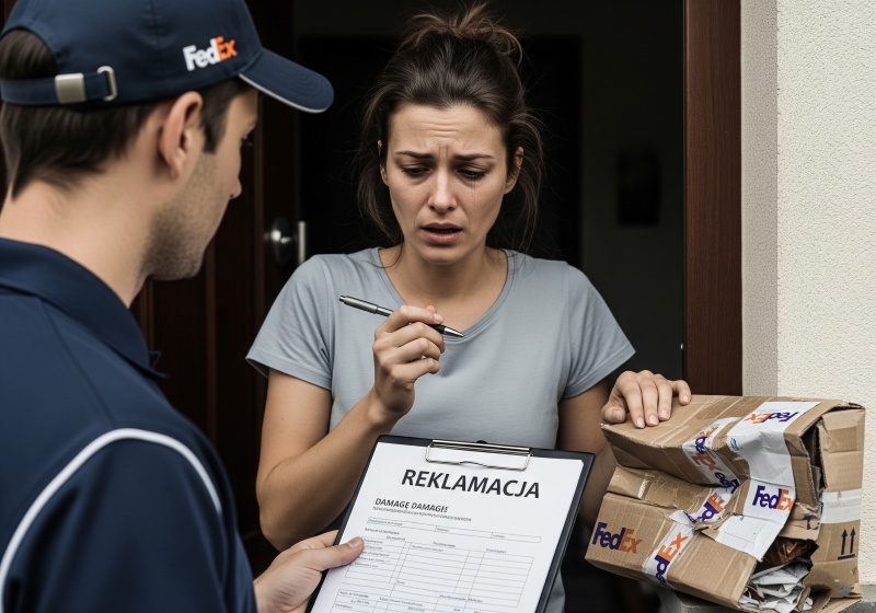 Zmartwiona osoba przy laptopie, sprawdzająca status zaginionej paczki FedEx