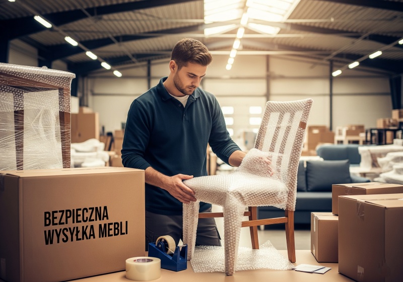 Mężczyzna starannie owija nogę od drewnianego krzesła folią bąbelkową.