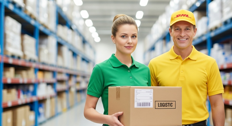 Logo DHL POP umieszczone na tle charakterystycznego zielonego szyldu sklepu Żabka.