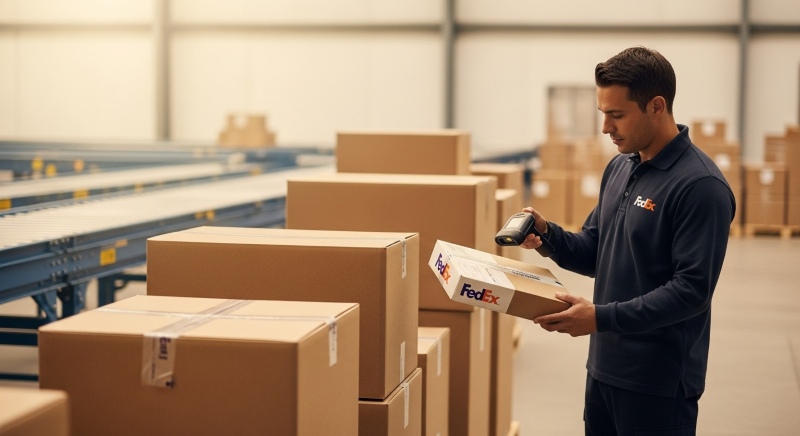 Kurier FedEx skanujący paczkę w magazynie