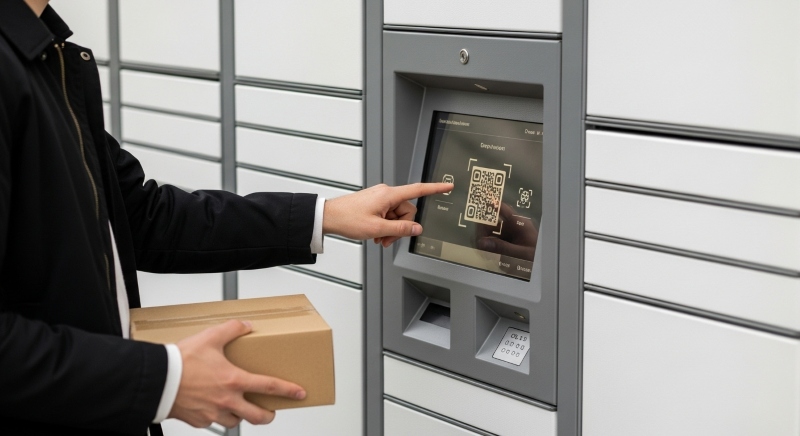 Osoba trzymająca smartfon z aplikacją InPost i patrząca na Paczkomat z zamyśloną miną, symbolizującą potrzebę anulowania przesyłki.