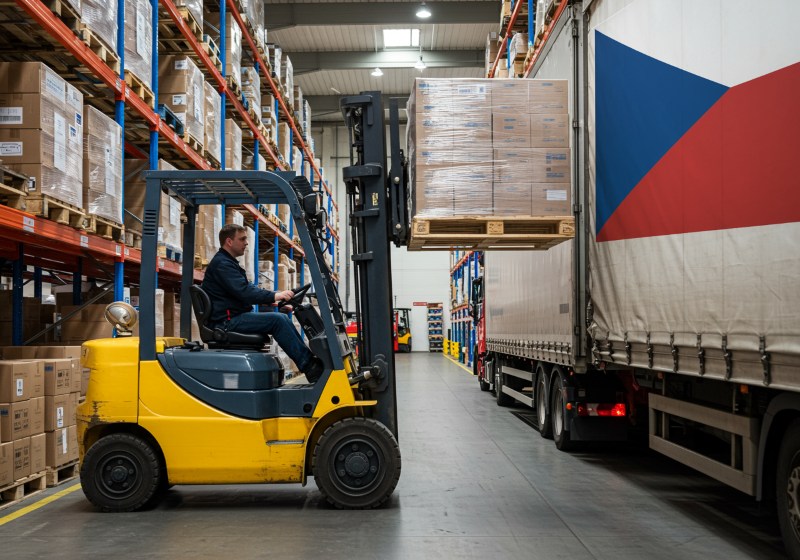 Ciężarówka z polską i czeską flagą na autostradzie
