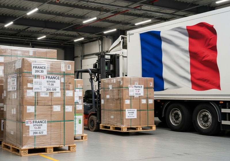 Kurier przygotowujący paletę do transportu do Francji na tle wieży Eiffla