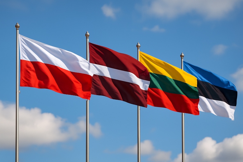 Mapa Europy z wyróżnionymi Polską oraz krajami bałtyckimi - Litwą, Łotwą i Estonią, połączonymi liniami symbolizującymi trasy kurierskie.