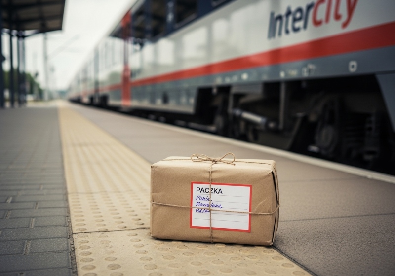Paczka leżąca na peronie obok pociągu Intercity, symbolizująca przesyłkę konduktorską.