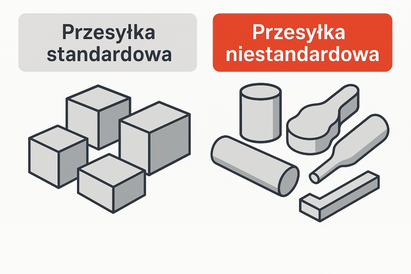 Porównanie standardowej paczki GLS w kartonie i niestandardowej o nieregularnym kształcie