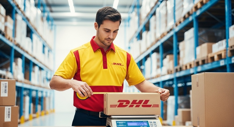 Kurier DHL z miarką sprawdzający wymiary paczki