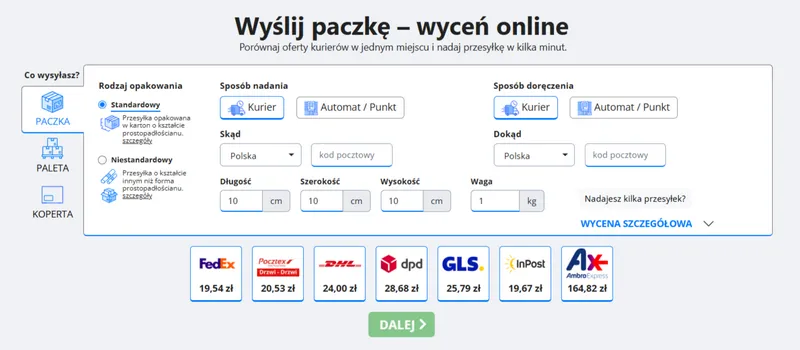Kalkulator tania-paczka.net - wycena przesyłki pobraniowej