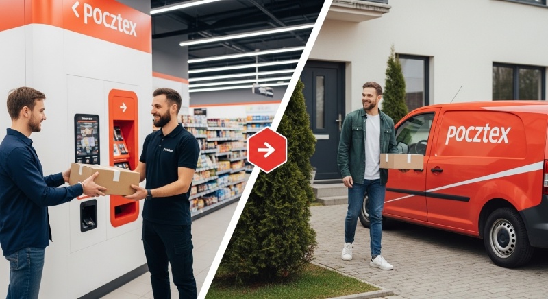 Kurier Pocztex odbiera paczkę od klienta, korzystając z usług Tania-Paczka.net