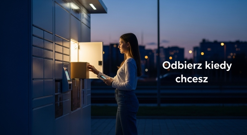 Kobieta odbiera paczkę z automatu paczkowego