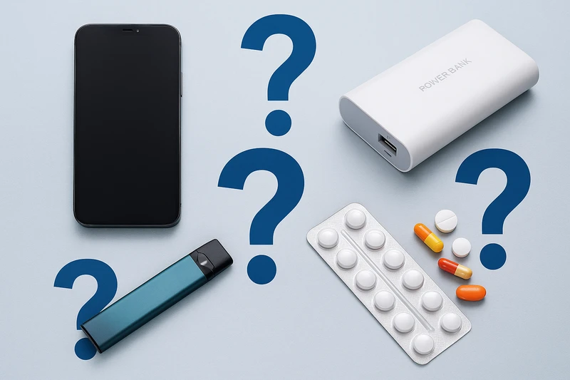 Kolaż zdjęć przedstawiający telefon, powerbank, e-papierosa i leki ze znakami zapytania, symbolizujący wątpliwości co do możliwości ich wysyłki.